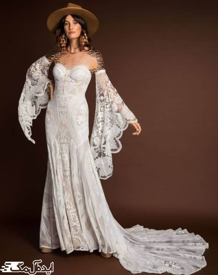 مدل لباس عروس با آستین بلند و برش سینه