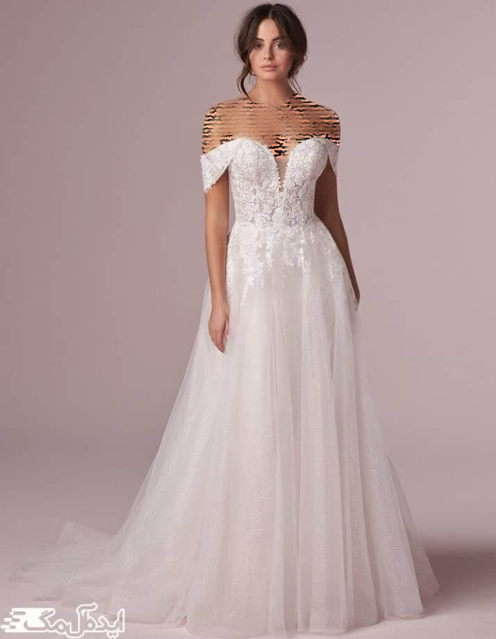 مدل لباس عروس یقه دلبری با یک آستین ظریف