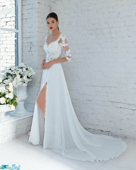 مدل لباس عروس شیک با دامن چاک دار