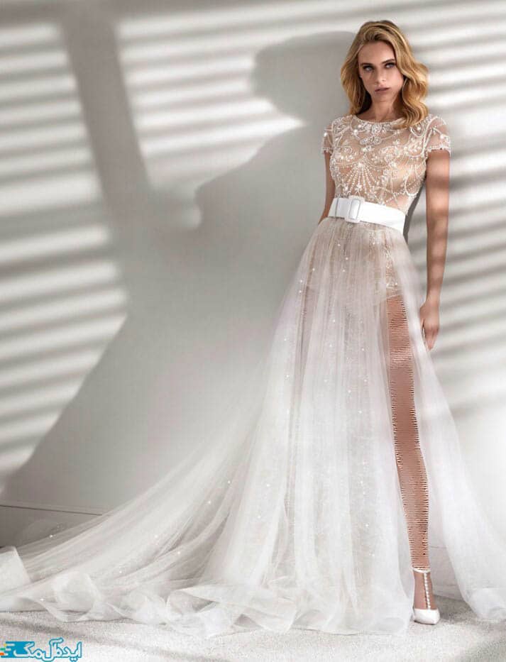 مدل لباس عروس جدید با دامن چاک دار