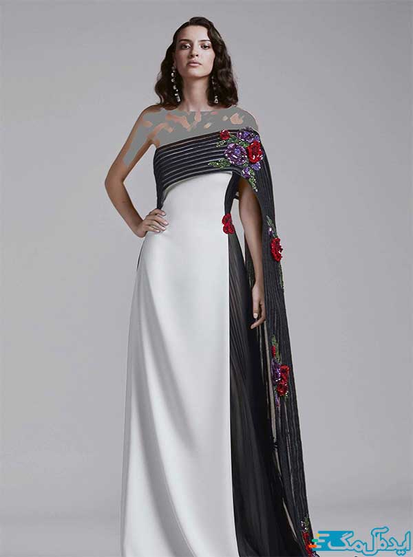 مدل لباس مجلسی سفید و مشکی با گل پولکی