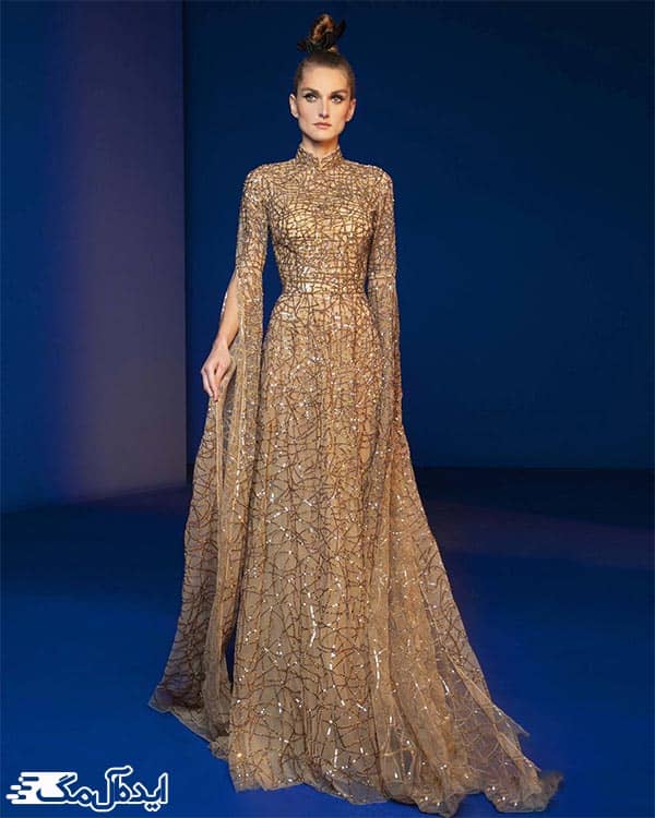 مدل لباس مجلسی زنانه پوکی طلایی رنگ
