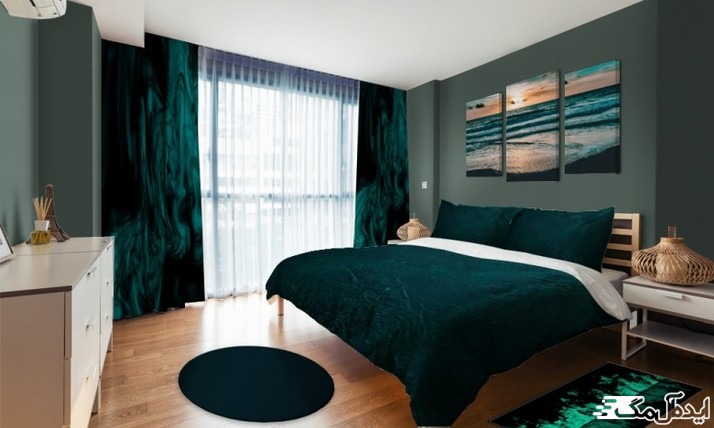 مدل دکوراسیون اتاق خواب با رنگ سبز زیتونی و سبز آبی