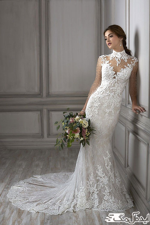 استفاده از پارچه زیبای دانتل در یک طراحی ساده و شیک از لباس عروس‌های دنباله‌دار اروپایی