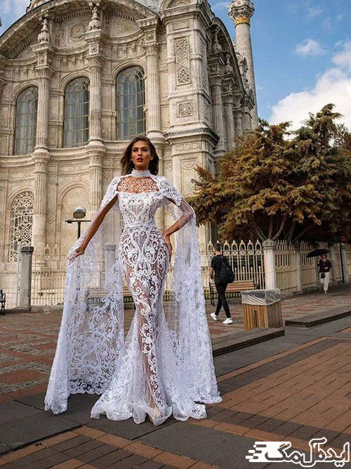 تور دانتل طرح برجسته در یک طراحی زیبا و منحصر‌به‌فرد لباس عروس‌های اروپایی