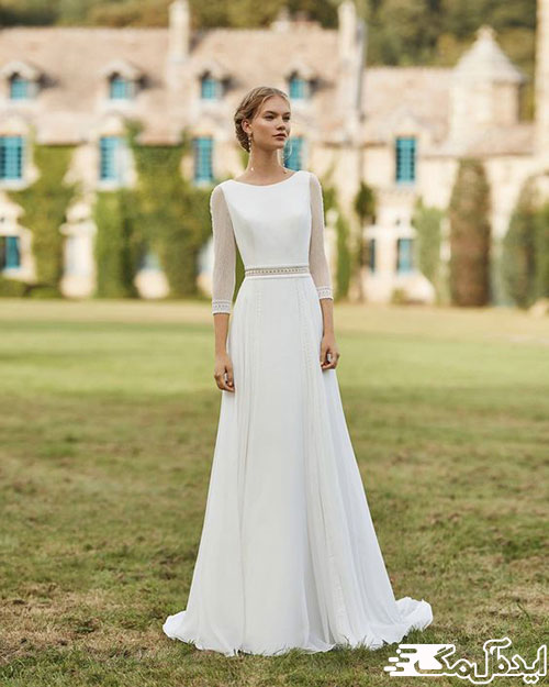 تلفیق تور ساده و ساتن در یک مدل راسته لباس عروس اروپایی