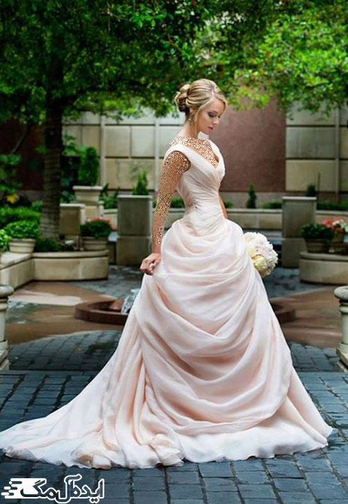 لباس عروس زیبای اروپایی با دامن دراپه دنباله‌دار