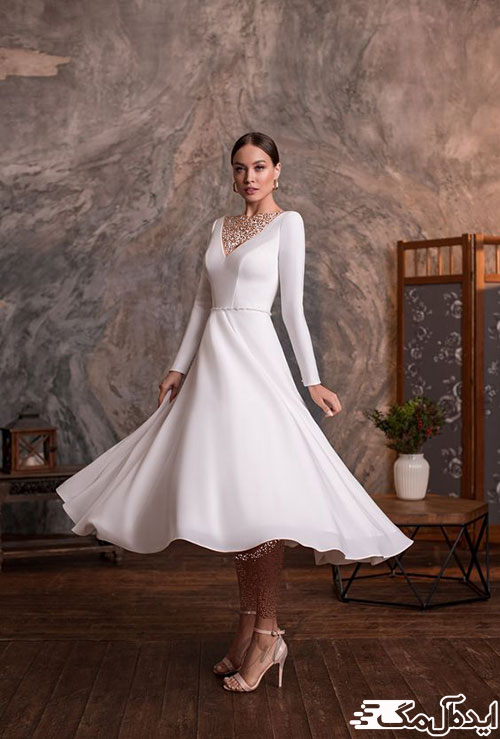 نمونه‌ای از یک لباس ساده و شیک میدی برای عروس‌های اروپایی