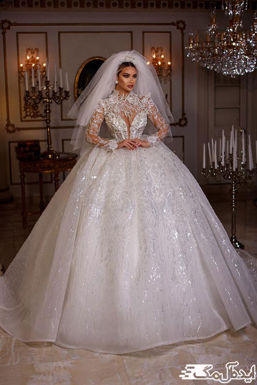 یک طراحی زیبا برای لباس عروس پرنسسی همراه با تور کوتاه 