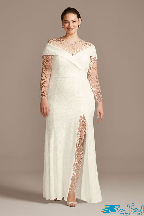 طراحی یک یقه برگردان هفت زیبا در لباس عروس راسته و چاک‌دار