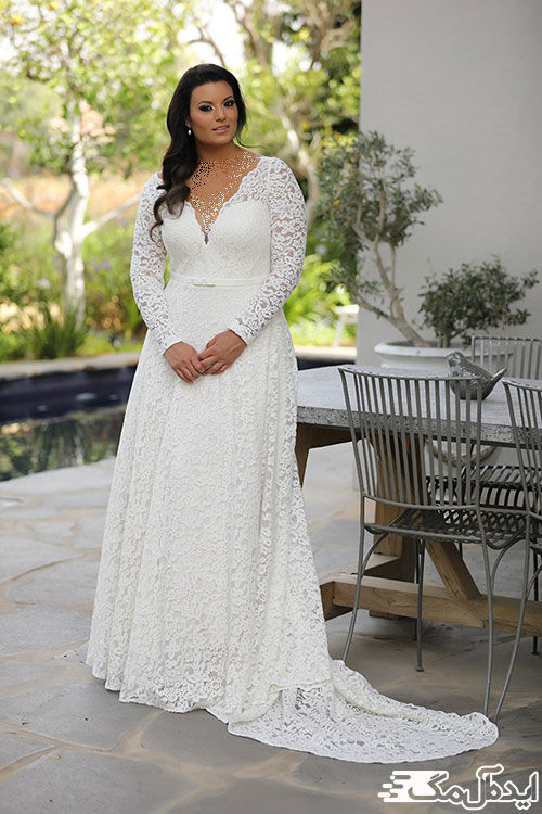 دنباله بلند لباس عروس با پارچه گیپور، مناسب سایزهای بزرگ