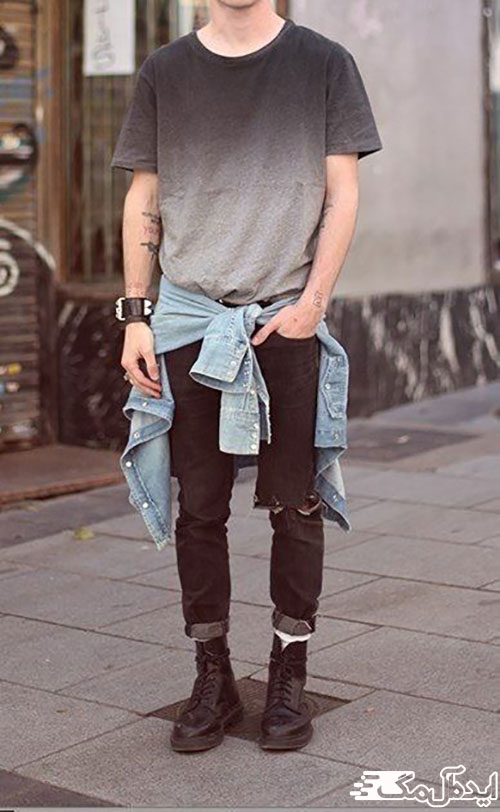 تیشرت سایز بزرگ سایه‌روشن همراه با پیراهن و شلوار جین پاره