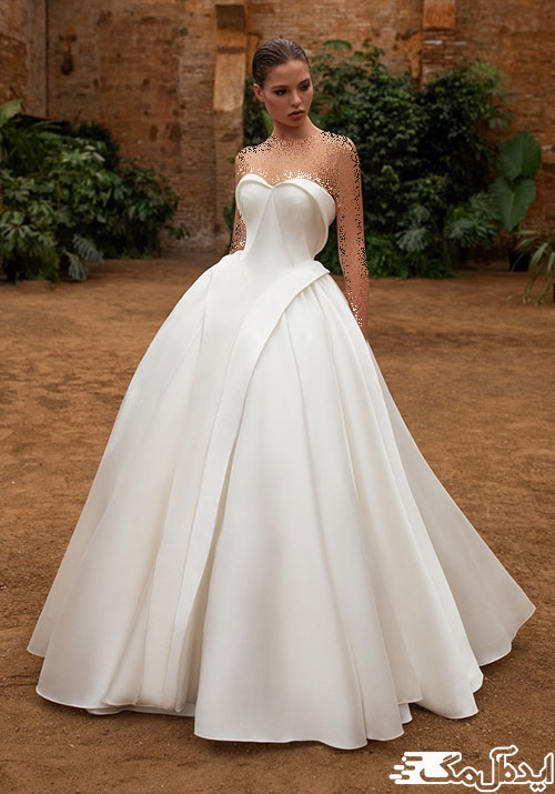 برش مورب دامن در لباس عروس شیک اروپایی