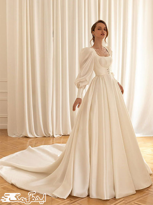 استفاده از پارچه ساده ساتن براق در لباس عروس شیک اروپایی