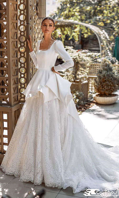 ترکیب پارچه‌های ساده و دانتل در لباس عروس پوشیده یقه خشتی