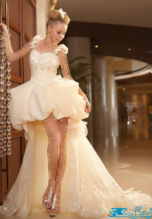 یک مدل کوتاه و دنباله‌دار از لباس عروس