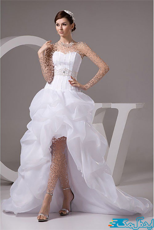 طراحی زیبای یک مدل لباس عروس پشت بلند و شیک