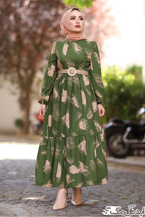 لباس پوشیده زنانه با پارچه چاپی، مناسب برای خانم‌های لاغر