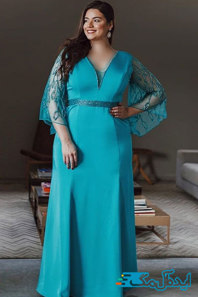لباس بلند مجلسی به رنگ آبی فیروزه‌ای