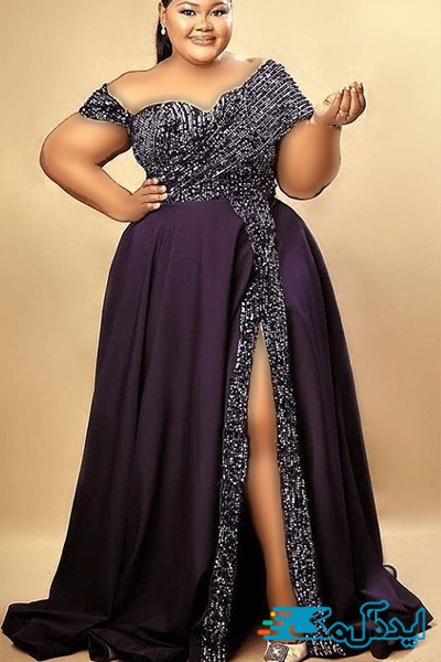 لباس بلند مجلسی به رنگ بادمجونی مناسب خانم‌های چاق