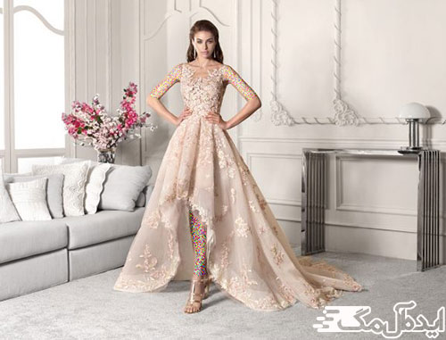 استفاده از پارچه رنگی طرح‌دار برای لباس عروس 2023