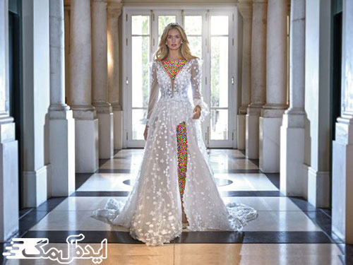 لباس عروس 1402 با پارچه تور و گل‌های سه بعدی