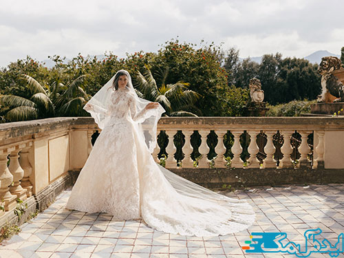 لباس عروس پشت بلند با تور بلند و زیبا