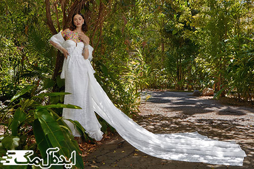 یک مدل زیبا و متفاوت لباس عروس با دنباله بلند