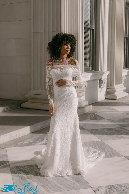 نمونه‌ای از لباس عروس آستین بلند آف شولدر برای عروس خانم‌های خاص‌پسند سال 2023