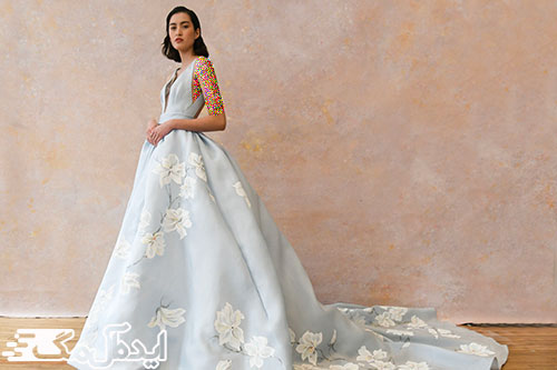 لباس عروس پرنسسی 2023 با پارچه آبی گلدار