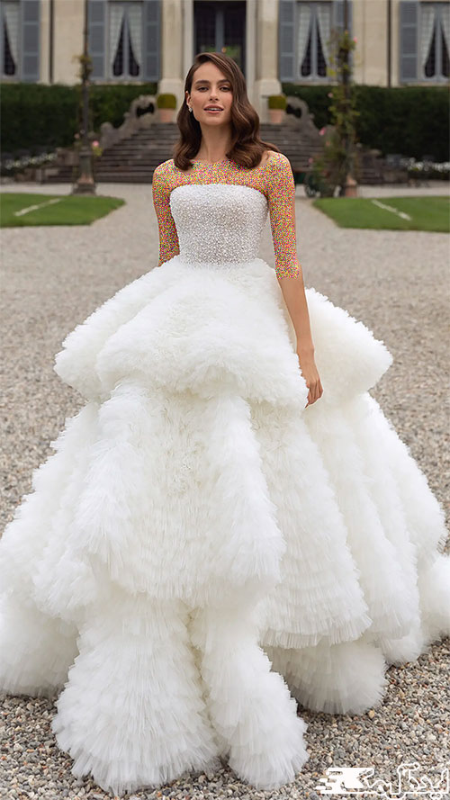 دامن چند طبقه متفاوت و زیبا برای لباس عروس پرنسسی 2023