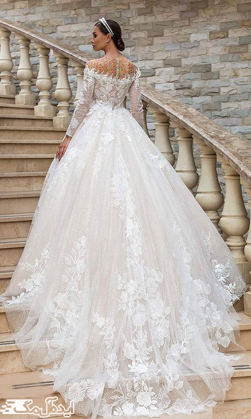لباس عروس پرنسسی 1402 با تور گلدار سه بعدی