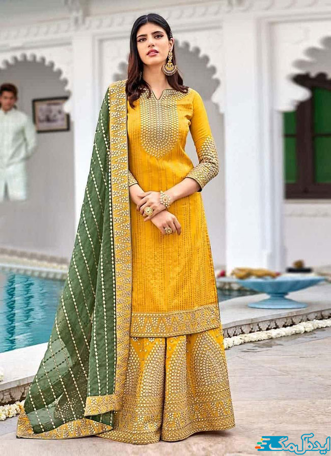 ترکیب زیبای رنگ‌های سبز، زرد و کرم و اکسسوری‌های هماهنگ در یک لباس پنجابی شیک و ساده