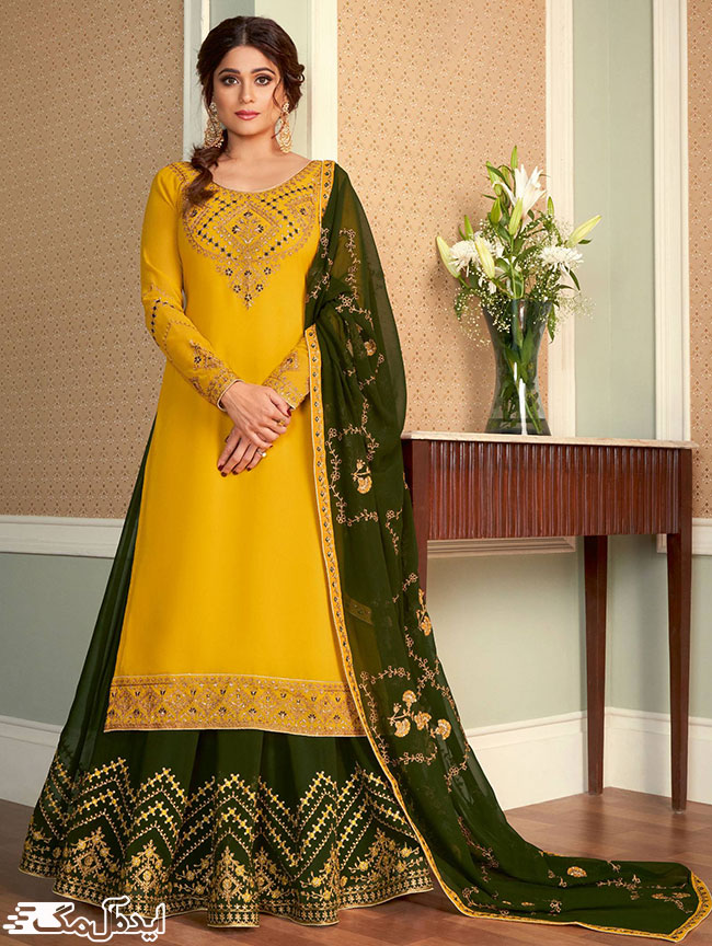 ترکیب رنگ سبز لجنی و زرد با تزئینات سنگ‌دوزی و حاشیه‌دوزی در یک مدل زیبا از لباس‌های شیک پنجابی