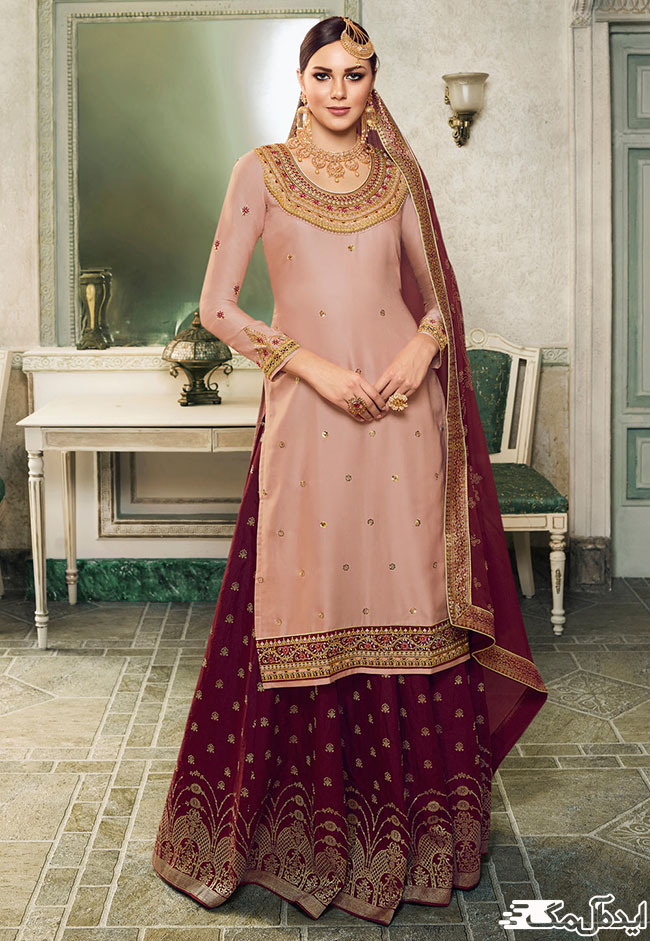 ترکیب رنگ صورتی و قرمز با حاشیه دوزی‌های جذاب در یک مدل لباس پنجابی 