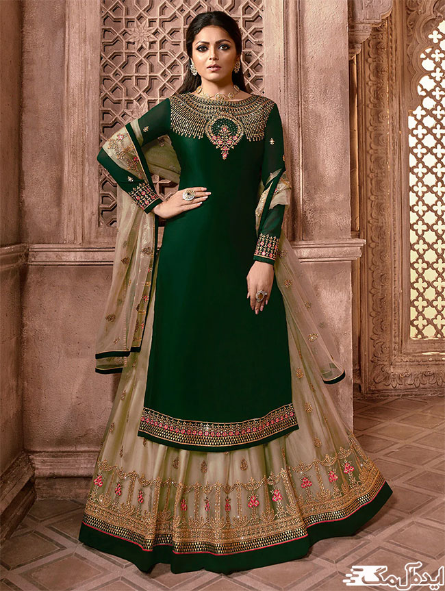 ترکیب حریر کرم طرح‌دار با پارچه سبز حاشیه‌دار برای دوخت لباس پنجابی دامن گرد