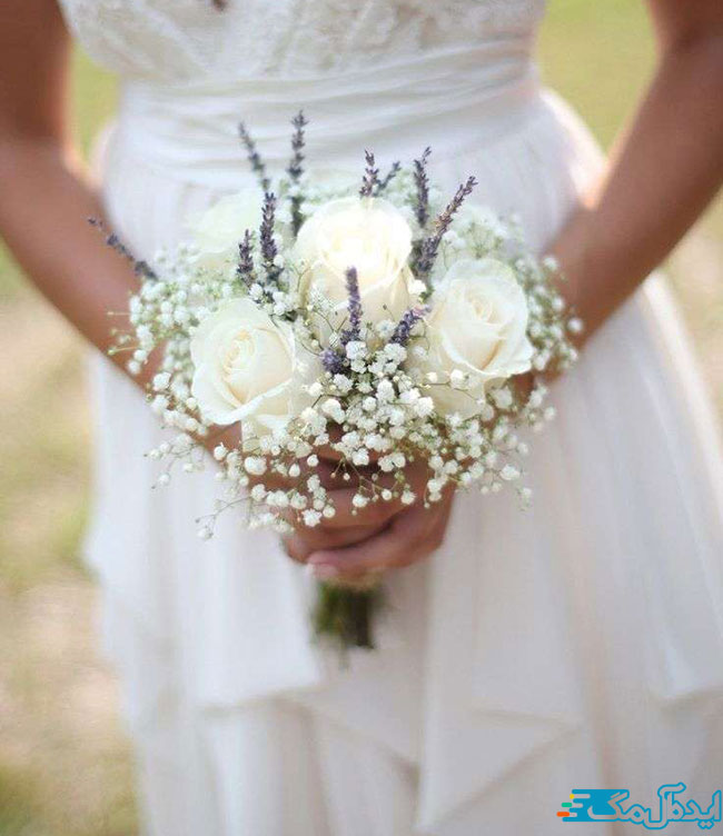 دسته گل عروس لاکچری با ترکیب گل‌های رز و گل عروس