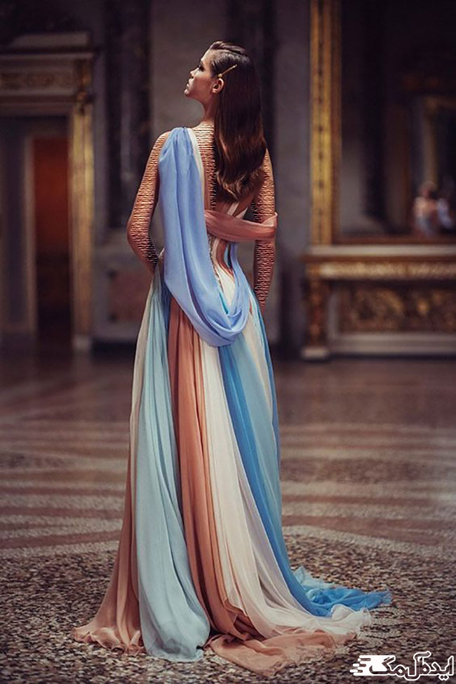 مدلی از لباس شب رومی حریر با رنگ‌های ترکیبی زیبا