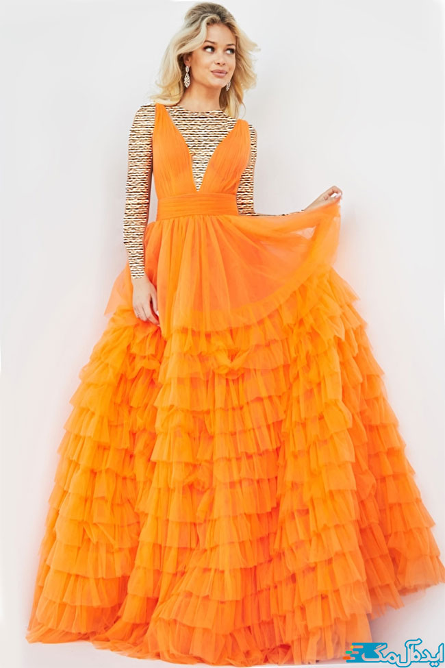لباس مجلسی شیک از پارچه تور نارنجی