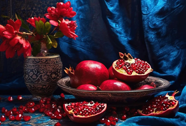 چند انار سرخ درون یک بشقاب و چند گل قرمز رنگ داخل گلدان، همه در زمینه آبی رنگ