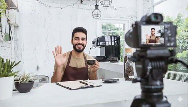 یک مرد جوان جلوی دوربین نشسته و با بلاگری قهوه، درآمد کسب می کند