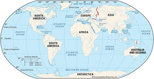 نقشه قاره ها و اقیانوس های زمین
